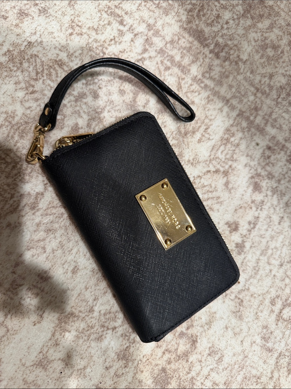 Michael Kors Black Leather Zip Wristlet with Gold Plaque